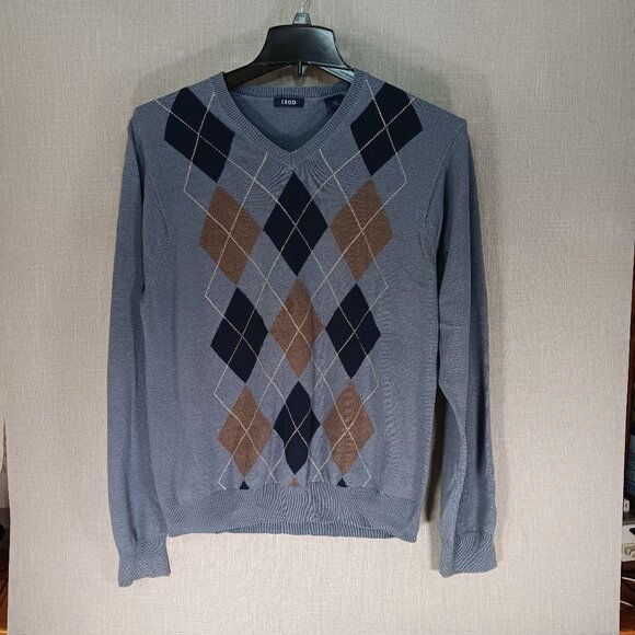 IZOD Mens Sweater Argyle V Neck Blue Brown Black Large 90s Preppy College Cotton - Picture 1 of 3
